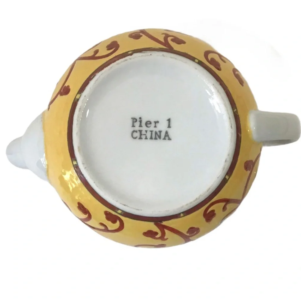 Vintage Pier 1 Porcelain Teapot Hand-Painted Floral Vine Design Green Yellow Red
